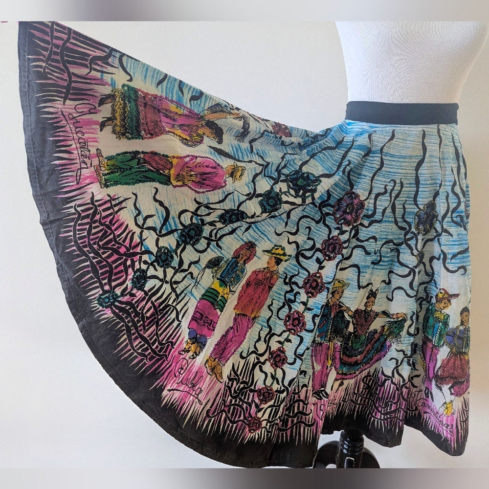 Vintage 1940s 1950s Handpainted Mexican Souvenir Circle Skirt Medium